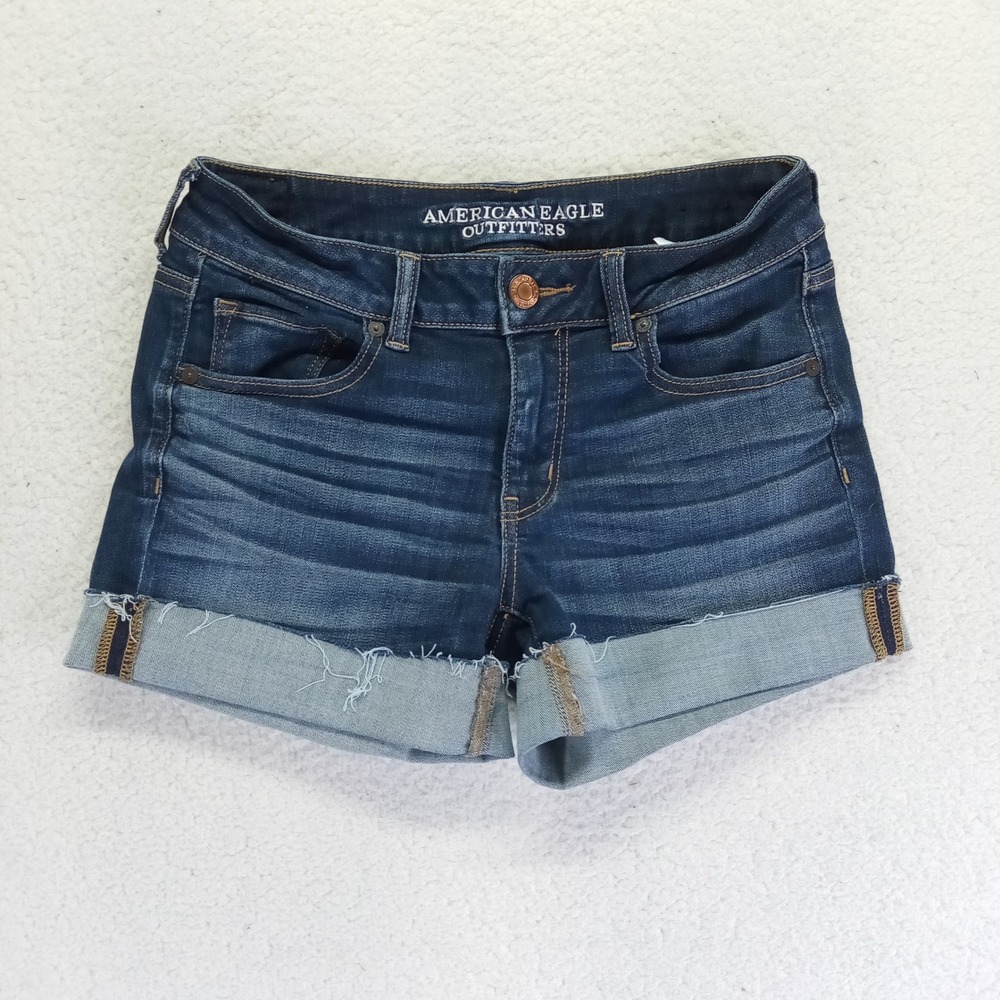 American Eagle Super Super Stretch Dark Wash Cuffed Raw Hem Denim Shorts Size 8